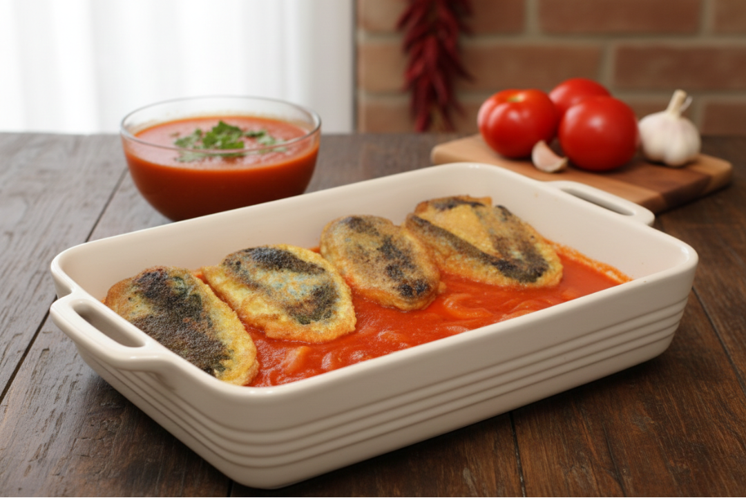 Four golden-brown fried Chile Rellenos nestled in a bright red Ranchero sauce inside a white ceramic baking dish, set on a rustic wooden table with fresh tomatoes, garlic, and a side bowl of sauce in the background. Scofield Fruits