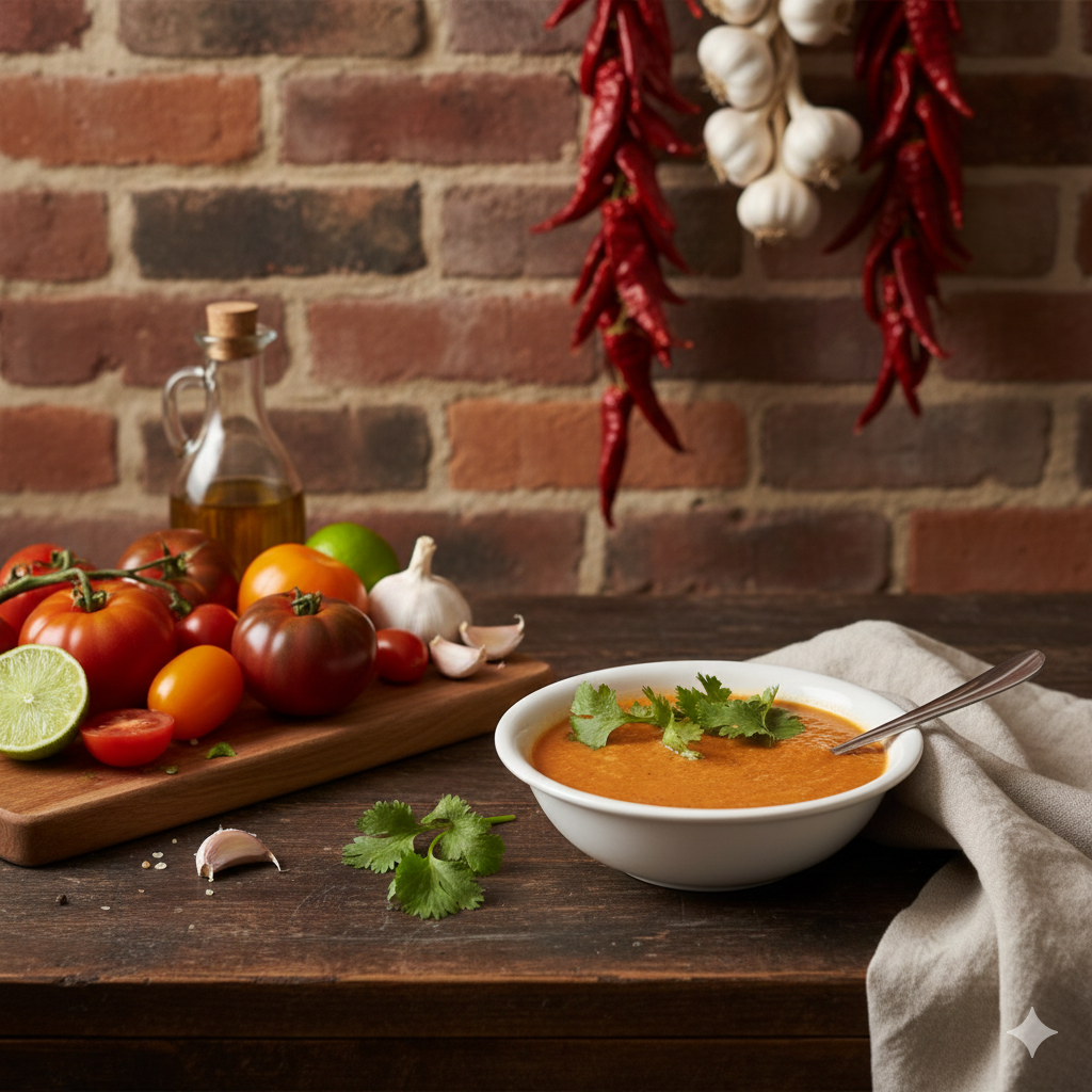 Vibrant orange Heirloom Tomato and Pueblo Chile Gazpacho in a white bowl garnished with fresh cilantro, set on a rustic wooden table with fresh heirloom tomatoes, garlic, and hanging dried chiles in the background.