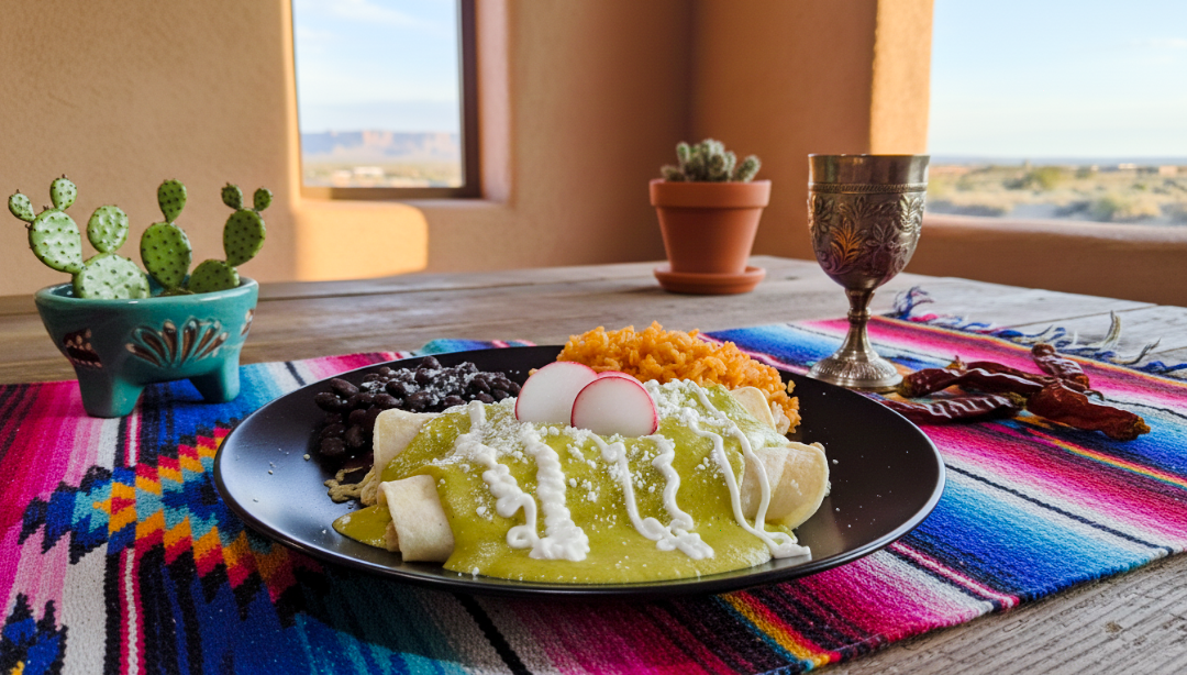 A plate of Chicken Enchiladas smothered in vibrant green Poblano Cream Sauce, topped with a crema drizzle and radish slices, served with Mexican rice and black beans at Scofield Fruits. Loveland, CO