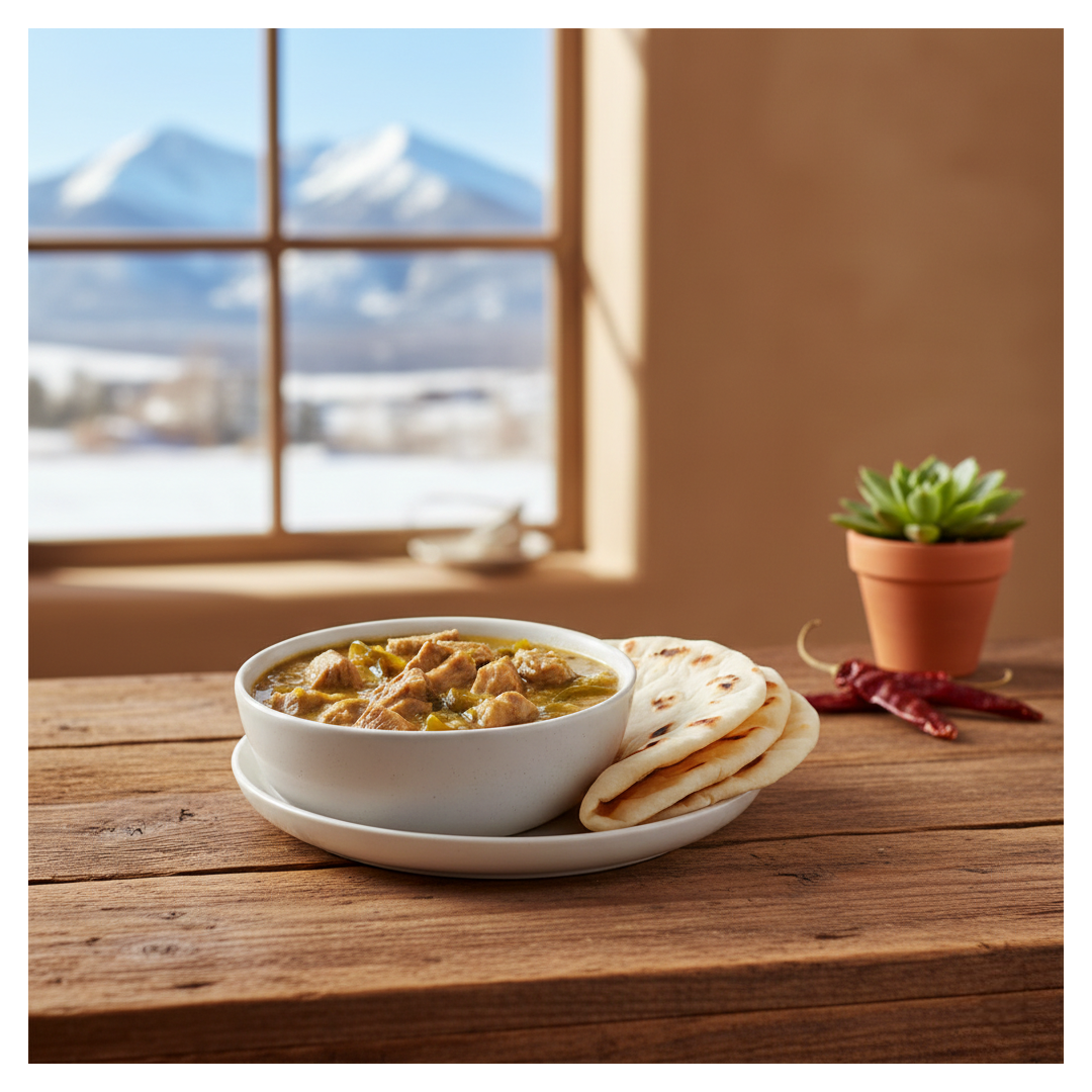 A steaming white bowl of thick Pueblo Pork Green Chile stew with tender chunks of pork and roasted green chiles, served on a matching saucer with a side of three warm, folded flour tortillas. Scofield Fruits
